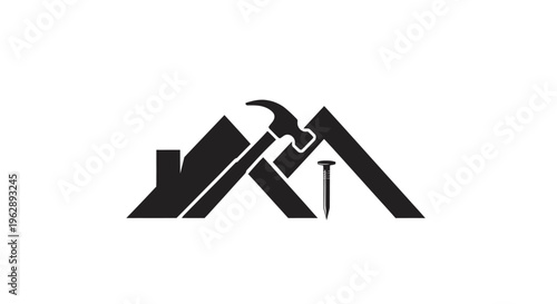 Professional Construction and Roofing Logo Design Featuring House Roof Silhouette with Hammer and Nail Icon for Home Renovation Maintenance Handyman Services Real Estate Development Branding Vector