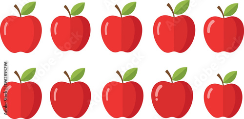 Red apple collection vector illustration set, fresh healthy fruit icons with leaves in different shapes and styles, natural food design isolated on background
