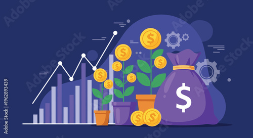Financial investment and wealth growth concept with gold coins growing as plants in pots next to money bag.