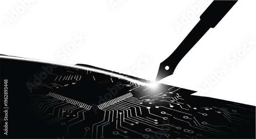 Digital Innovation Sparked by Design A Stylus Interacting with Advanced Circuitry, Crafting the Future of Technology