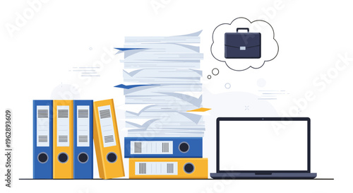 Stacks of office paperwork and folders next to laptop show heavy workload while a thought bubble displays a professional briefcase symbol.