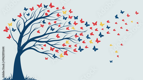 A vibrant tree adorned with colorful flowers blooming amidst a lively and whimsical autumnal atmosphere