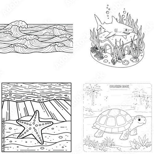 Starfish on sand near wooden pier coloring page with line art