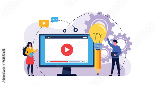 Creative video production and content marketing concept with lightbulb pencil monitor and people collaborating.