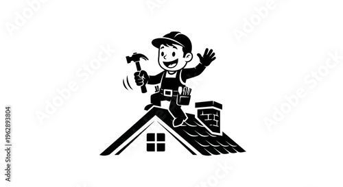 Friendly Cartoon Roofer Waving on House Roof Holding Hammer, Professional Residential Roofing Service and Repair Concept, Happy Handyman Construction Illustration, Home Maintenance Symbol