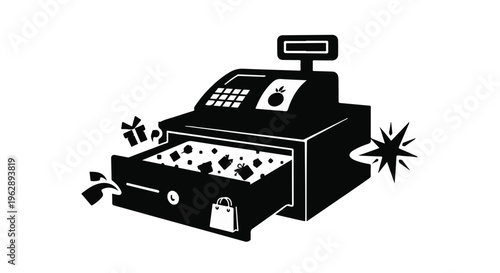 Iconic checkout machine with an open drawer overflowing with gifts and money, symbolizing prosperous retail business and rewarding shopping experiences