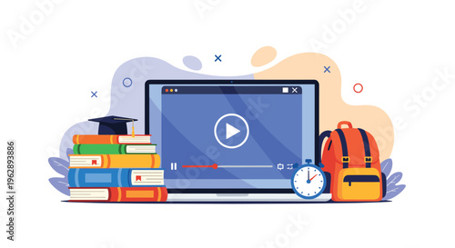 Online education setup features laptop playing video lesson surrounded by stack of books with graduation cap and a school bag with clock.