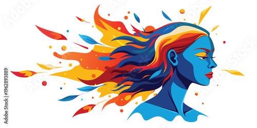 A vibrant, abstract portrait of a woman with fiery, colorful hair bursting in dynamic, vivid hues around her head