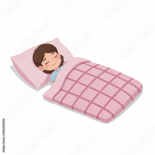 Child Sleeping in Bed Illustration with Pink Blanket and Pillow Flat Design