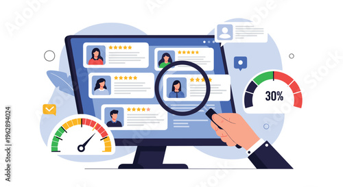 Recruiter uses magnifying glass to evaluate candidate profiles on a dashboard with star ratings and performance gauges for talent selection.