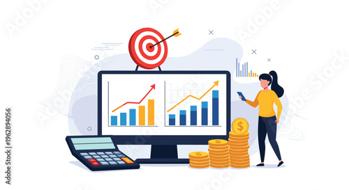 Businesswoman uses smartphone to track financial growth next to monitor with data charts and coins with calculator for budget management.