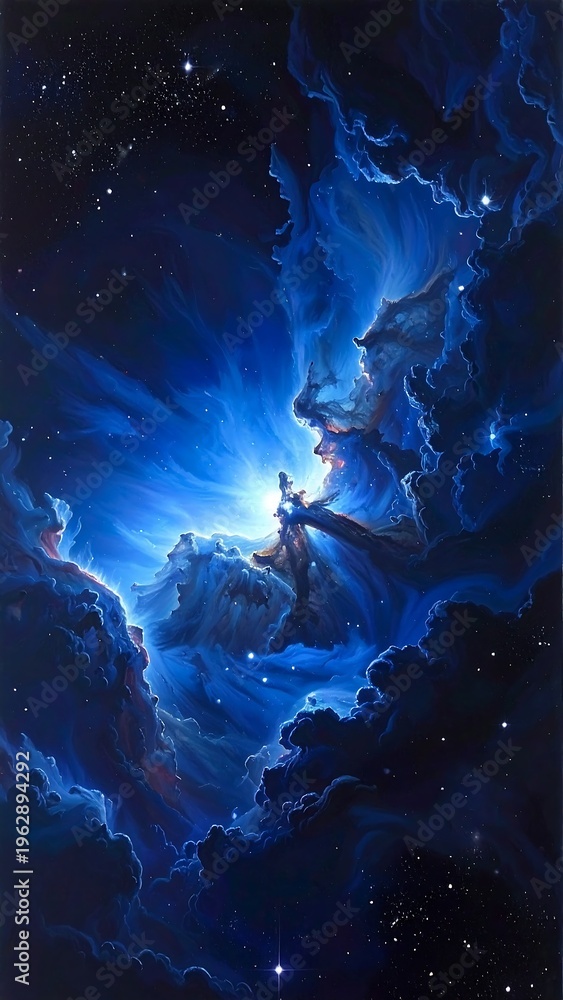 Obraz premium A vibrant blue nebula glows brightly in the dark space