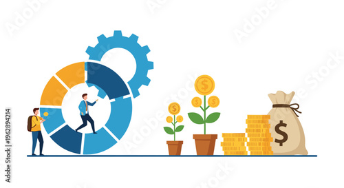 Business investment cycle shows people managing a segmented gear with growing coin plants and stacks of money for financial development.