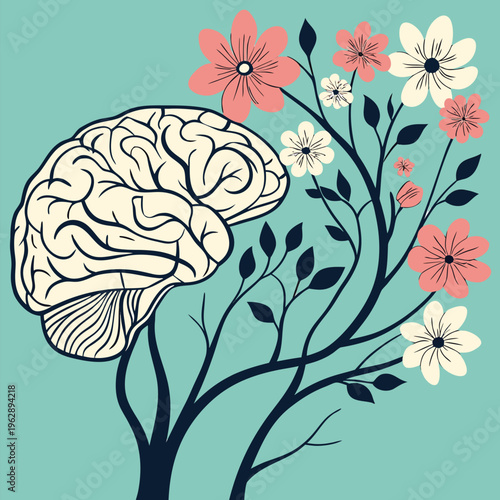 A brain intertwined with blooming flowers showcasing nature’s harmony and cognitive growth intertwined beautifully together