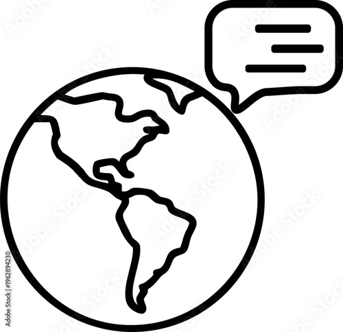 A black line drawing of the western hemisphere with a speech bubble coming out