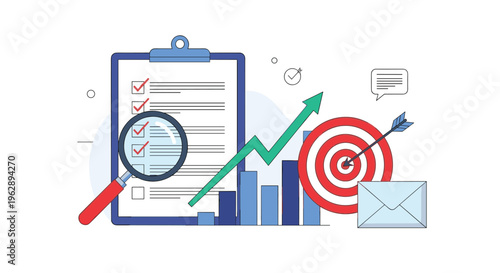 Quality control checklist on clipboard with magnifying glass and bullseye target shows business audit results with growth charts and emails.