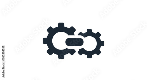 Two dark gears linked together represent connectivity and process integration in this simple flat icon symbol for business synergy.