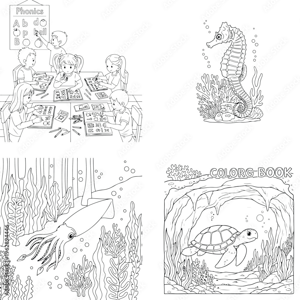Fototapeta premium Children learning, underwater sea animals, seahorse, squid and sea turtle line art
