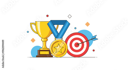 Achievement symbols like a gold trophy cup and medal displayed next to a bullseye target with arrow for business success goals.