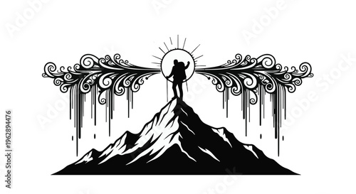 Summit conqueror silhouette amidst ornate wings and radiant sunburst, an emblem of personal triumph, aspiration, and boundless exploration
