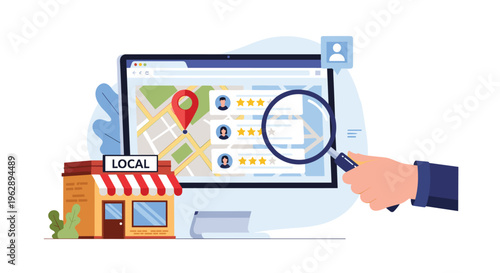 Local search optimization features magnifying glass over map with business profiles and ratings next to a small store icon on a computer.