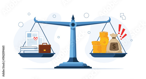 Scales of justice balance business documents and briefcase against a heavy bag of money and gold coin stacks with red warning alerts.