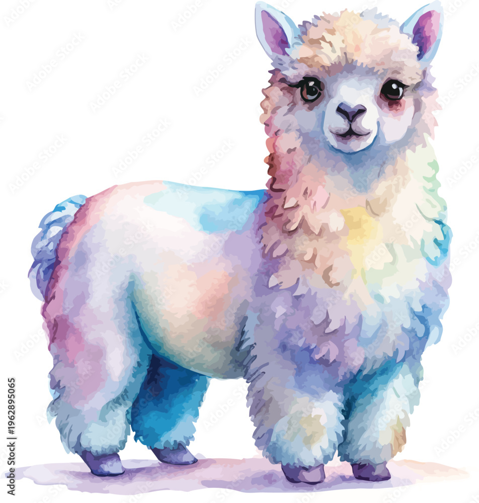 Obraz premium Watercolor Alpaca Illustration, Cute Fluffy Farm Animal Clipart, Hand Painted Style, illustration isolated on white background