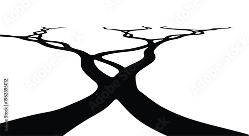 Abstract black and white graphic of two intertwined paths diverging, symbolizing choice, connection, and expanding possibilities