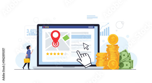 Local marketing concept on laptop shows map with location pin and user ratings next to gold coin stacks and currency bills for profit.