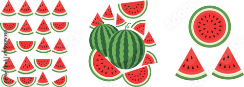 Watermelon fruit set with slices and whole melons vector illustration, fresh juicy summer food collection isolated on background, tropical healthy fruit design