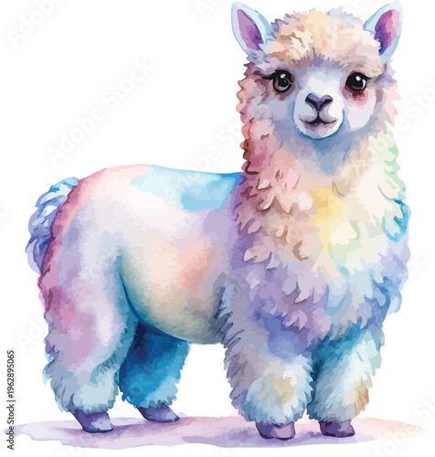 Watercolor Alpaca Illustration, Cute Fluffy Farm Animal Clipart, Hand Painted Style, illustration isolated on white background