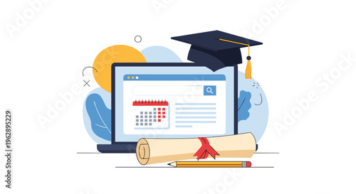 Online education and e-learning concept showing a laptop with an academic calendar, a graduation mortarboard, and a tied diploma scroll.