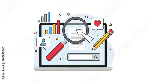 Business analytics and content research concept with a magnifying glass over a laptop screen showing data charts and search results.