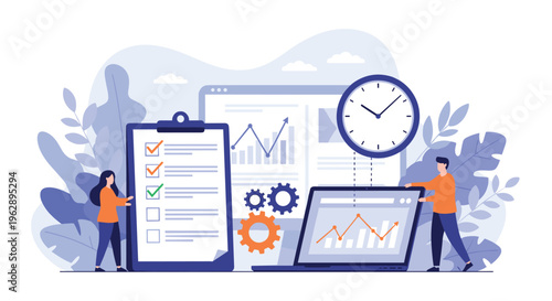 Team productivity and project management concept featuring characters organizing tasks with a giant checklist, a laptop, and time tracking.