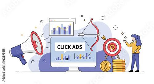 Pay per click advertising and digital marketing strategy shown with a monitor, megaphone, bullseye target, and growing piles of money.