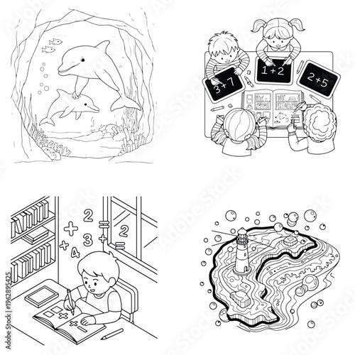 Dolphin, children doing math homework, and abstract pattern line art for coloring