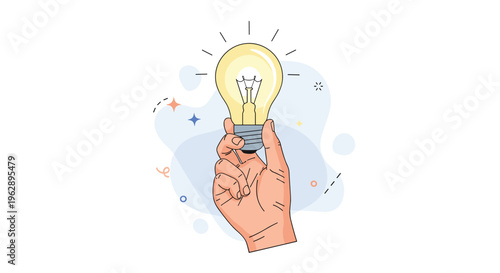 Creative idea and innovation concept featuring a hand holding up a brightly glowing incandescent light bulb against a simple blue background.