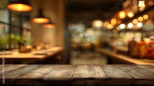Empty Wooden Table in a Cozy Restaurant with Warm Lighting.