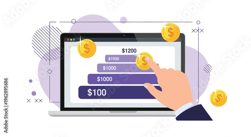 Financial investment levels or price tier concept showing a hand interacting with a laptop display of increasing monetary values and coins.