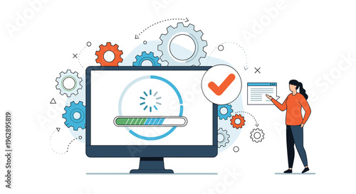 Software update and system progress concept showing a computer monitor with a loading bar, gears, and a person monitoring the process.