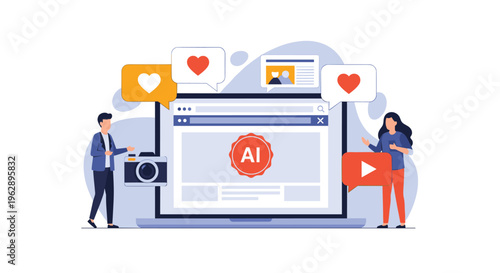 Artificial intelligence in content creation and social media showing people using AI tools for photography, video, and digital engagement.