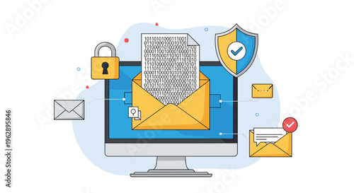 Cybersecurity and encrypted email protection concept featuring a computer screen, a padlock, a safety shield, and binary data messages.