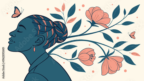 A silhouette of a human head with branches and blossoming flowers growing from the hair symbolizing growth and renewal