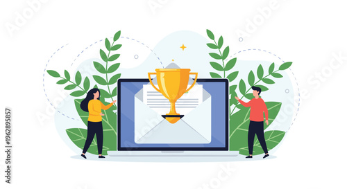 Successful email campaign or notification of a win showing a golden trophy over a letter on a laptop screen with celebratory people.