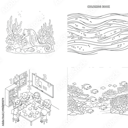 Underwater world and classroom coloring pages set with coral reef and school children line art