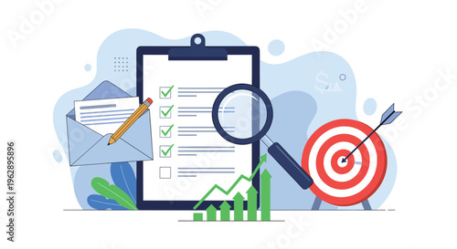 Business performance tracking and goal achievement concept featuring a checklist, a bullseye target, audit tools, and a growth chart.