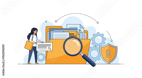 Document management and security audit concept showing a woman organizing files in a giant folder with search tools and protective symbols.