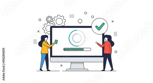 System installation and process completion concept with coworkers watching a monitor showing a loading bar and a successful checkmark.