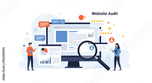 Professional website audit and performance review concept with characters analyzing data charts, user ratings, and web interface elements.
