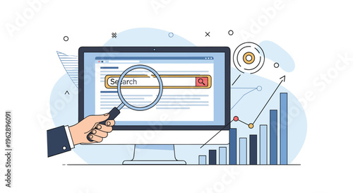 Search engine optimization and data research concept with a magnifying glass examining a search interface on a desktop screen.